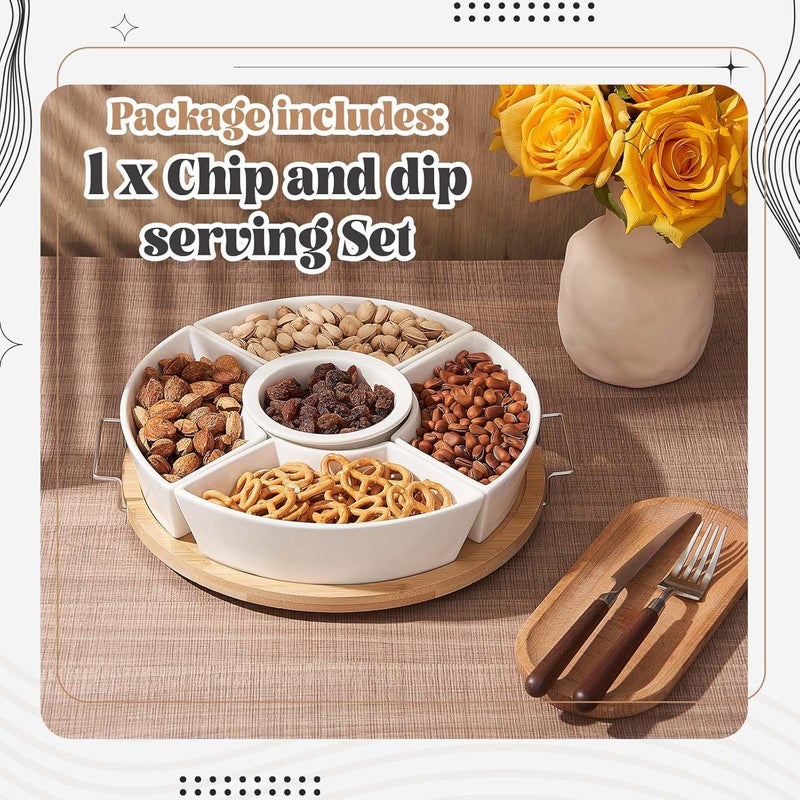 Rtteri 360° Rotatable Lazy Susan Serving Tray with Bowls 11.4'' Chip and Dip Serving Set, 5 Removable Compartment Divided Serving Dishes Ceramic Porcelain Taco Bar Platters and Trays for Party - Image 3